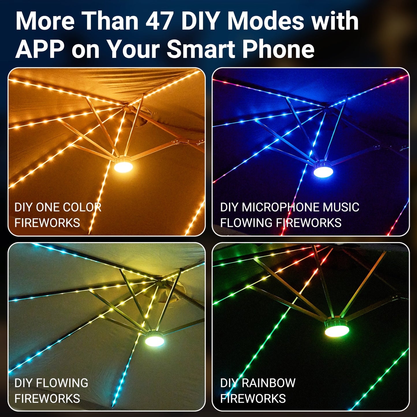 OVIOS 15ft Solar Patio Umbrella with APP/Remote Control, RGB LED Lights & Heavy Base