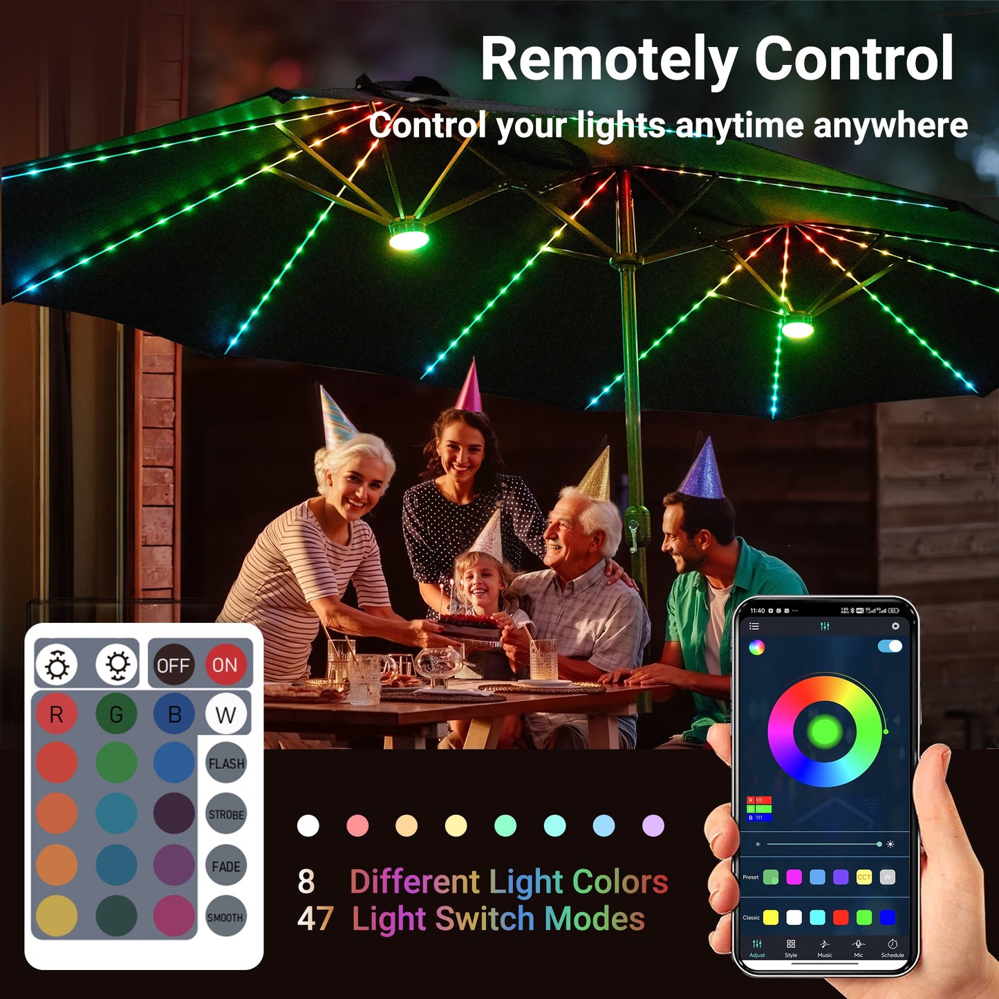 OVIOS 15ft Solar Patio Umbrella with APP/Remote Control, RGB LED Lights & Heavy Base