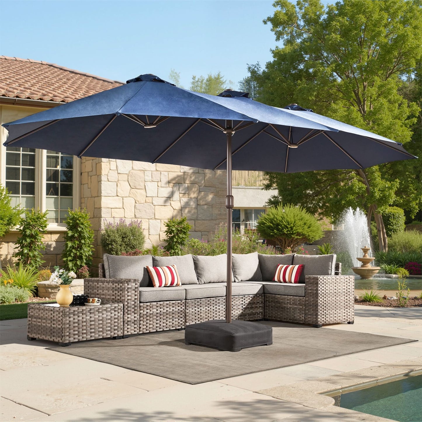 OVIOS 15ft Solar Patio Umbrella with APP/Remote Control, RGB LED Lights & Heavy Base