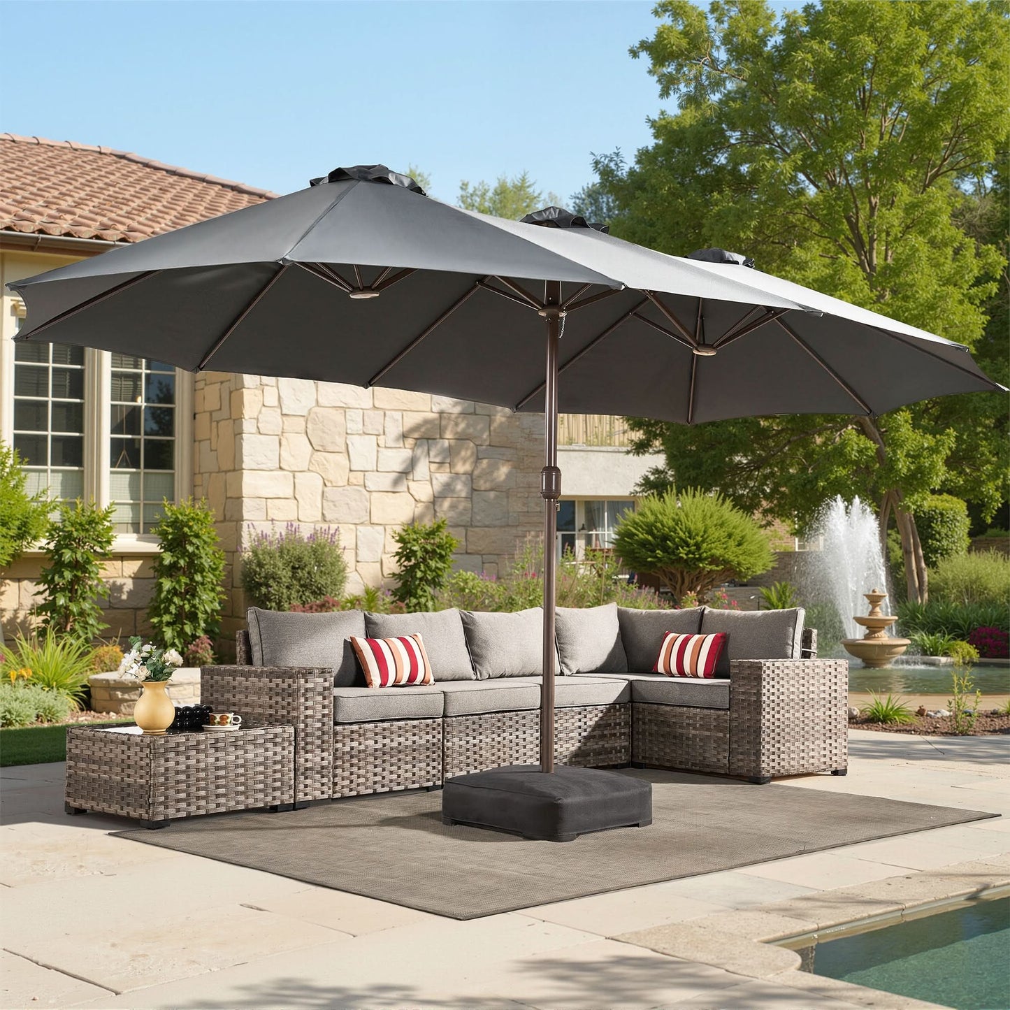 OVIOS 15ft Solar Patio Umbrella with APP/Remote Control, RGB LED Lights & Heavy Base