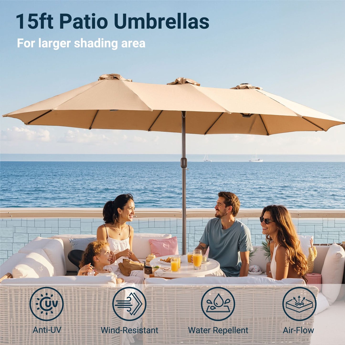 OVIOS 15ft Solar Patio Umbrella with APP/Remote Control, RGB LED Lights & Heavy Base