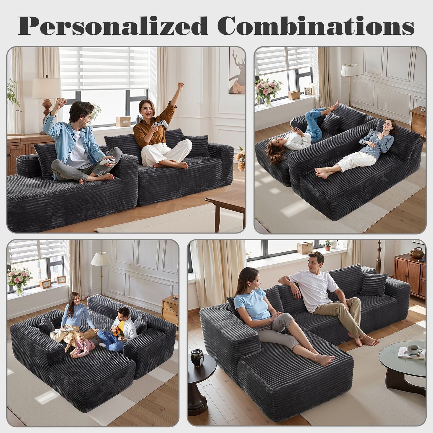 OVIOS Modern 3-Piece Sectional Sofa Set With Loveseat & Chaise Lounge, No-Assembly Design