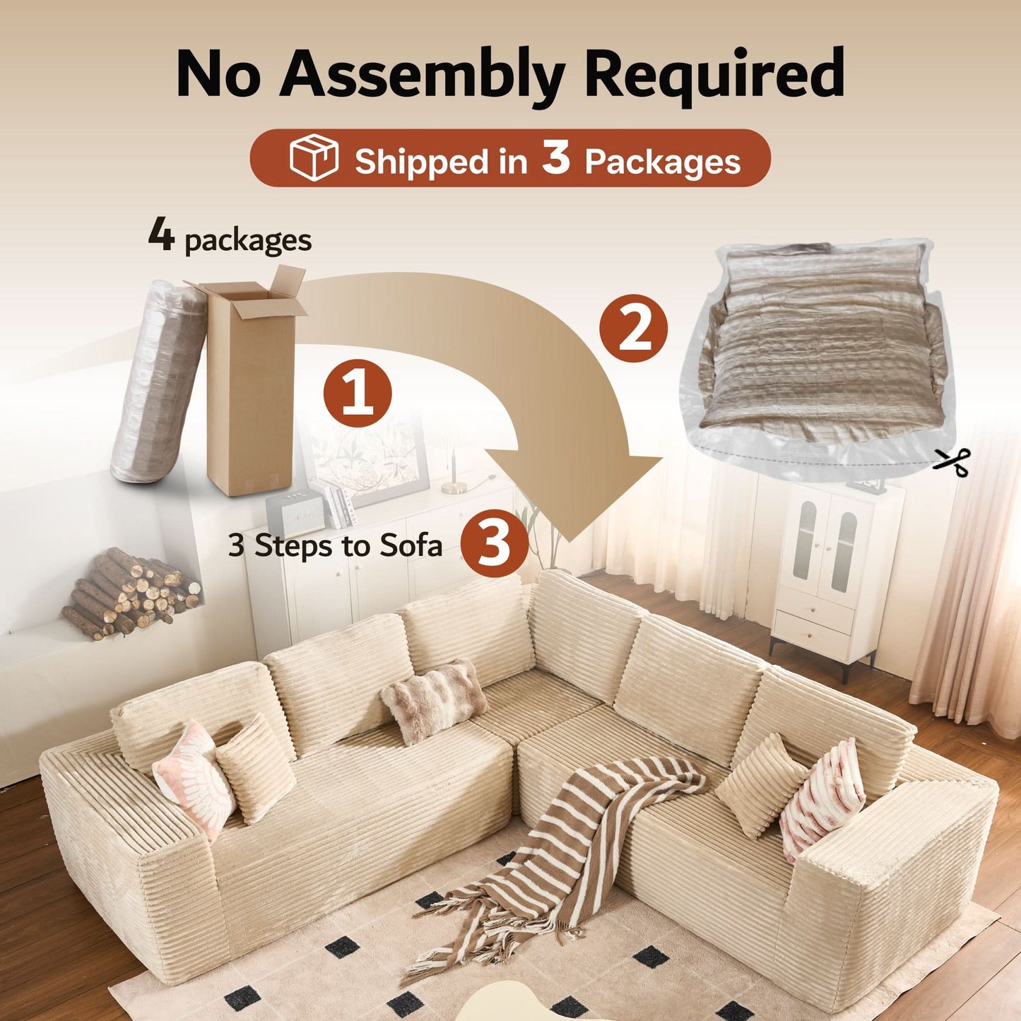 OVIOS Modular Sectional Cloud Couch, Plush Corduroy Sofa with Memory Foam, No Assembly