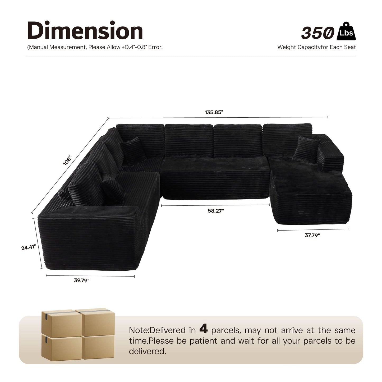 OVIOS Modular Sectional Cloud Couch, Plush Corduroy Sofa with Memory Foam, No Assembly