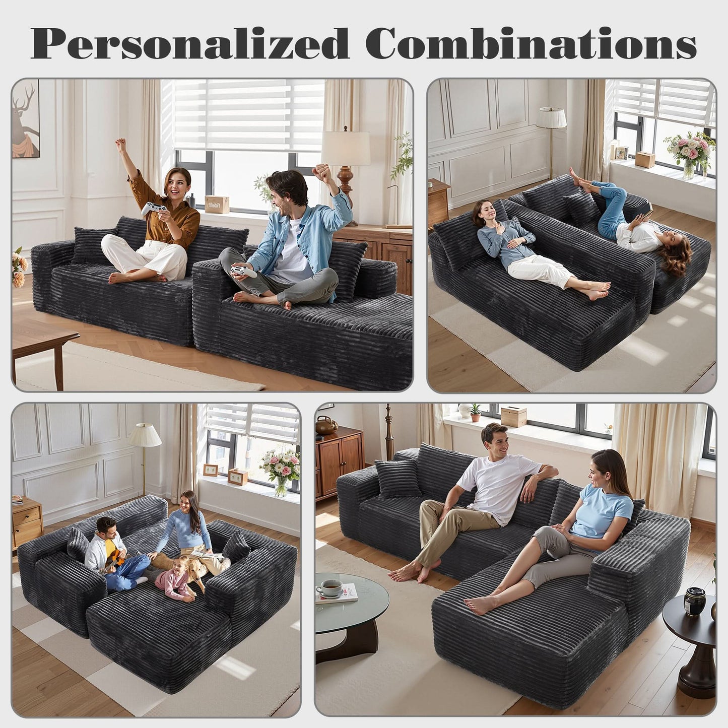 OVIOS Modern 3-Piece Sectional Sofa Set With Loveseat & Chaise Lounge, No-Assembly Design