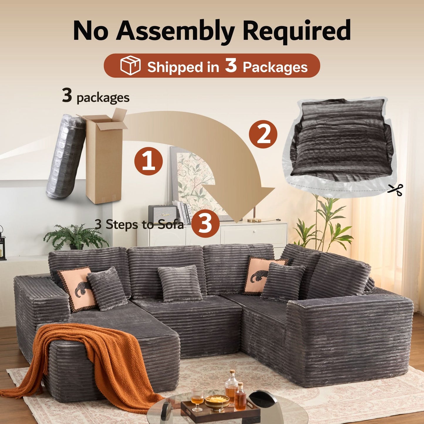 OVIOS Modular Sectional Cloud Couch, Plush Corduroy Sofa with Memory Foam, No Assembly
