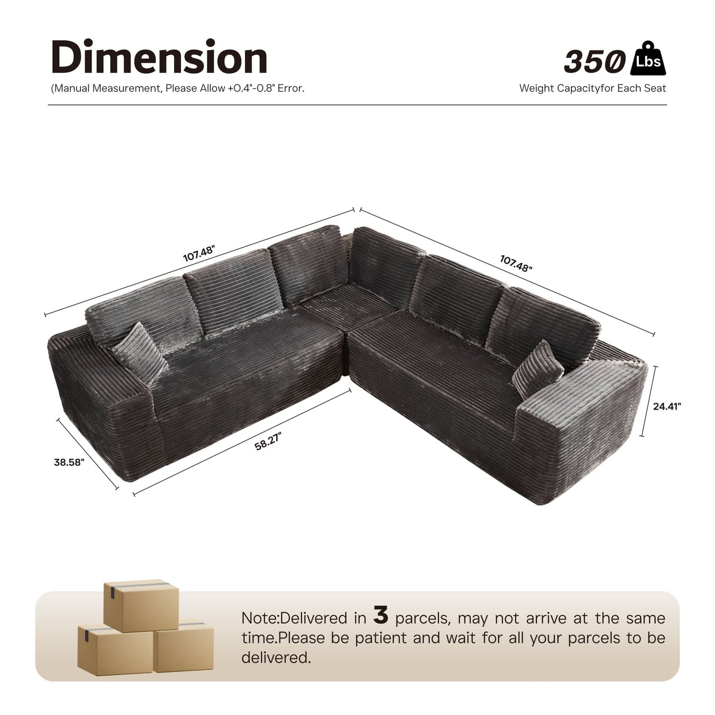 OVIOS Modular Sectional Cloud Couch, Plush Corduroy Sofa with Memory Foam, No Assembly