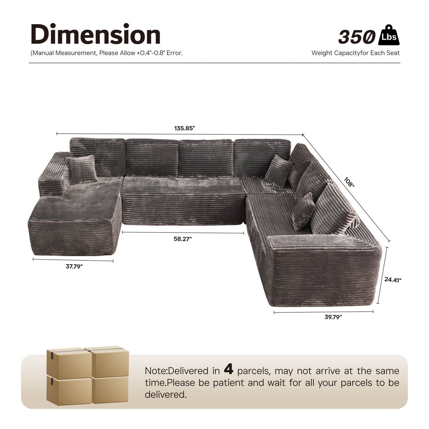 OVIOS Modular Sectional Cloud Couch, Plush Corduroy Sofa with Memory Foam, No Assembly