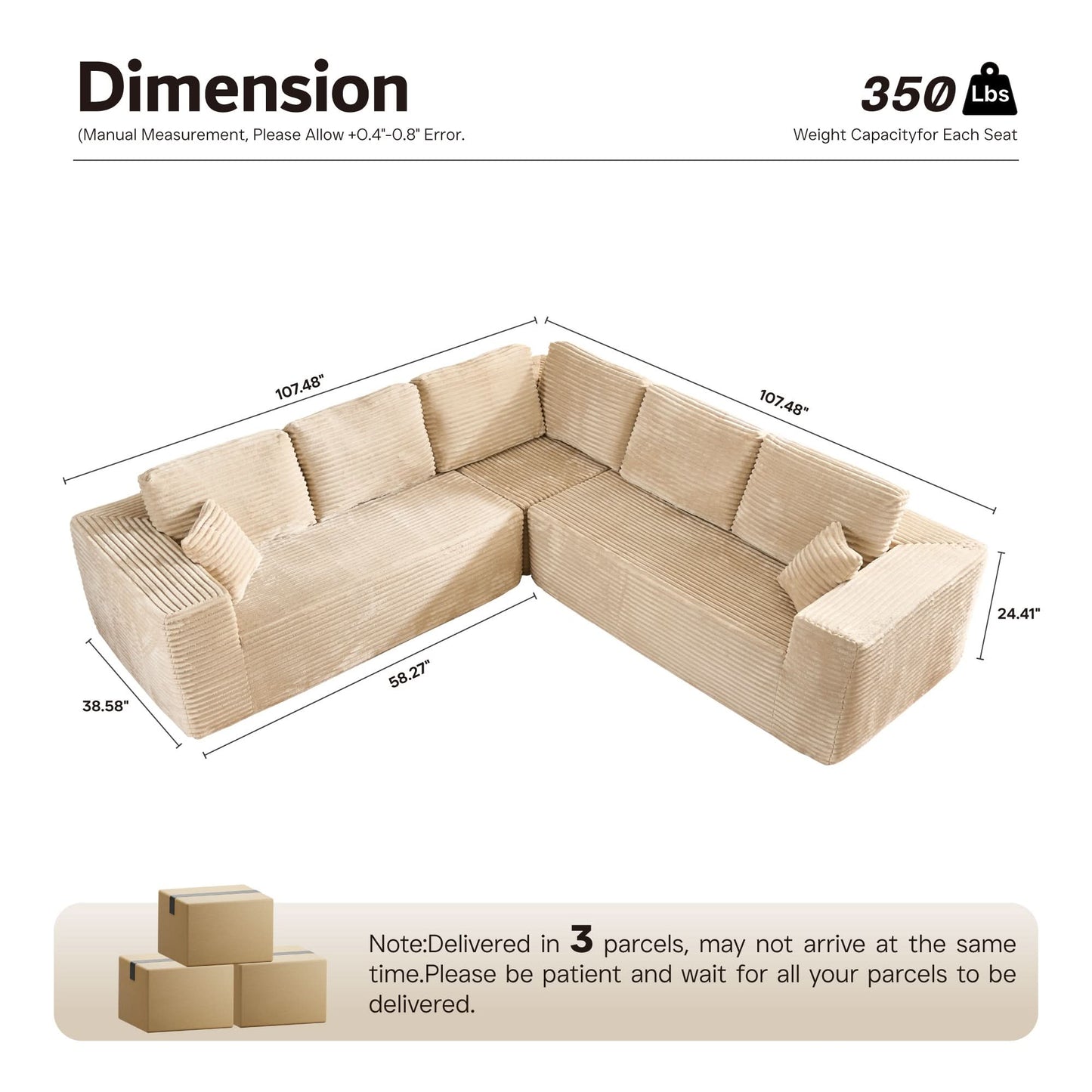OVIOS Modular Sectional Cloud Couch, Plush Corduroy Sofa with Memory Foam, No Assembly