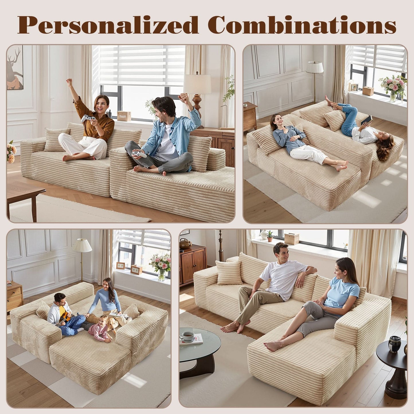 OVIOS Modern 3-Piece Sectional Sofa Set With Loveseat & Chaise Lounge, No-Assembly Design
