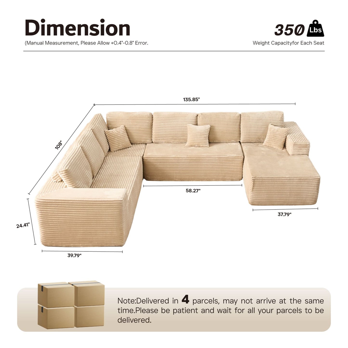 OVIOS Modular Sectional Cloud Couch, Plush Corduroy Sofa with Memory Foam, No Assembly