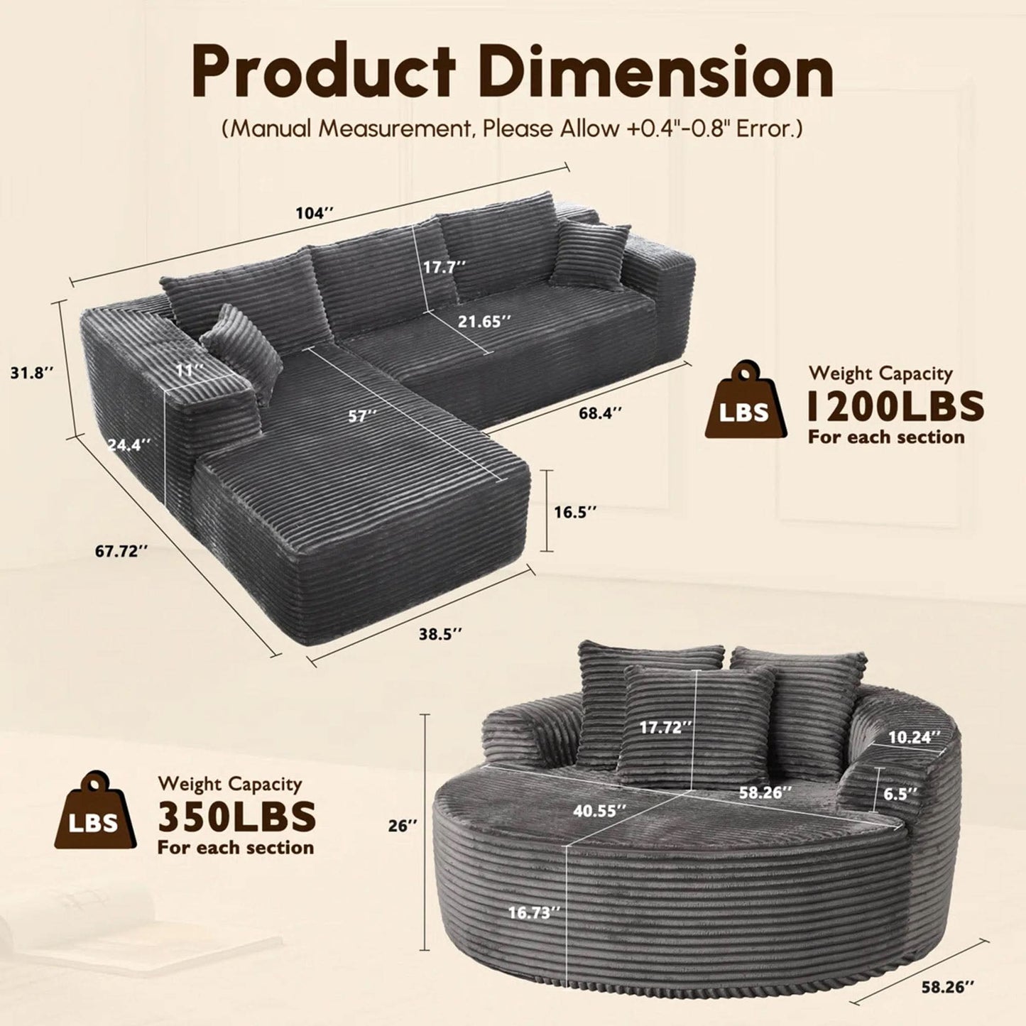 OVIOS Modern 3-Piece Sectional Sofa Set With Loveseat & Chaise Lounge, No-Assembly Design