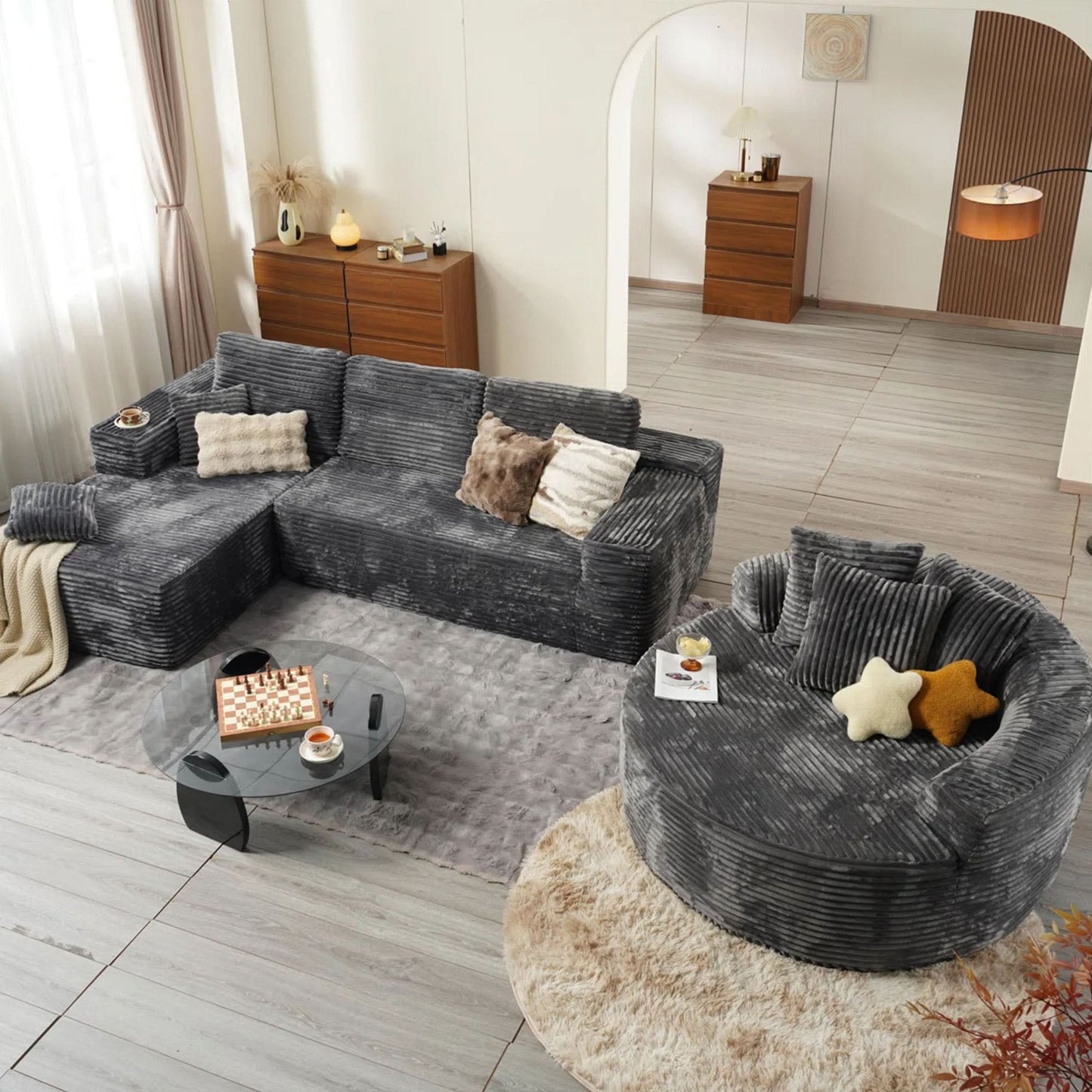 OVIOS Modern 3-Piece Sectional Sofa Set With Loveseat & Chaise Lounge, No-Assembly Design