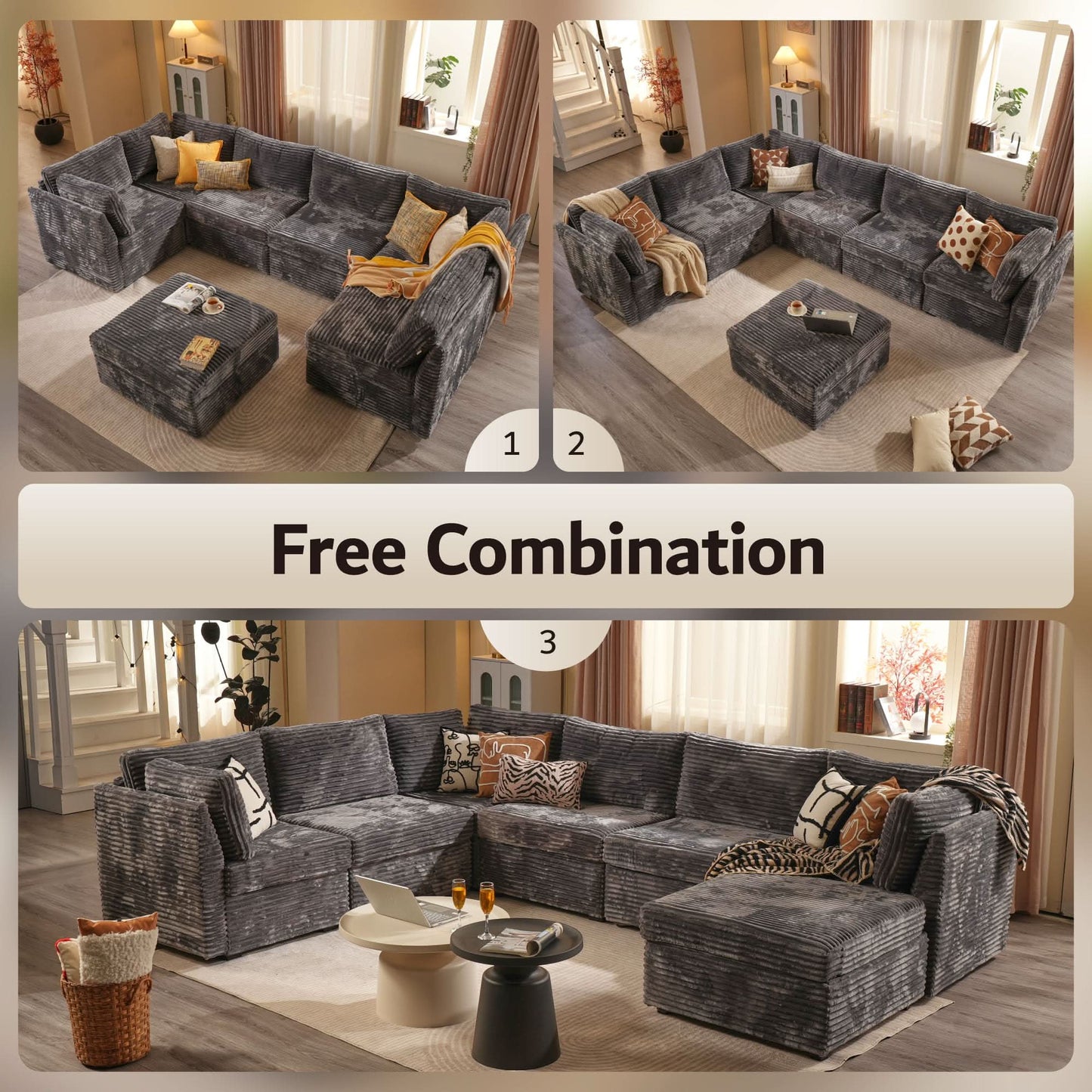 Ovios L-shaped 130.7" Modular Sectional Sofa Couch,  Modern Deep Seat Cloud Plush Corduroy Sofas Set for Living Room