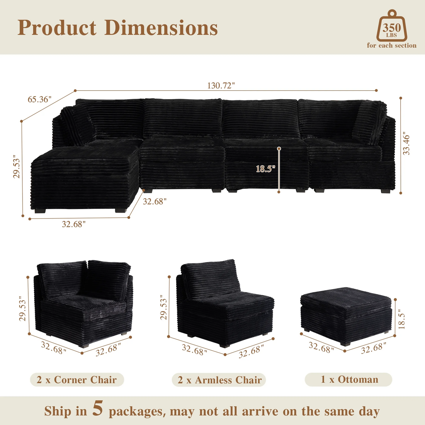 OVIOS Modular Sectional Sofa Couch with Oversized Chaise