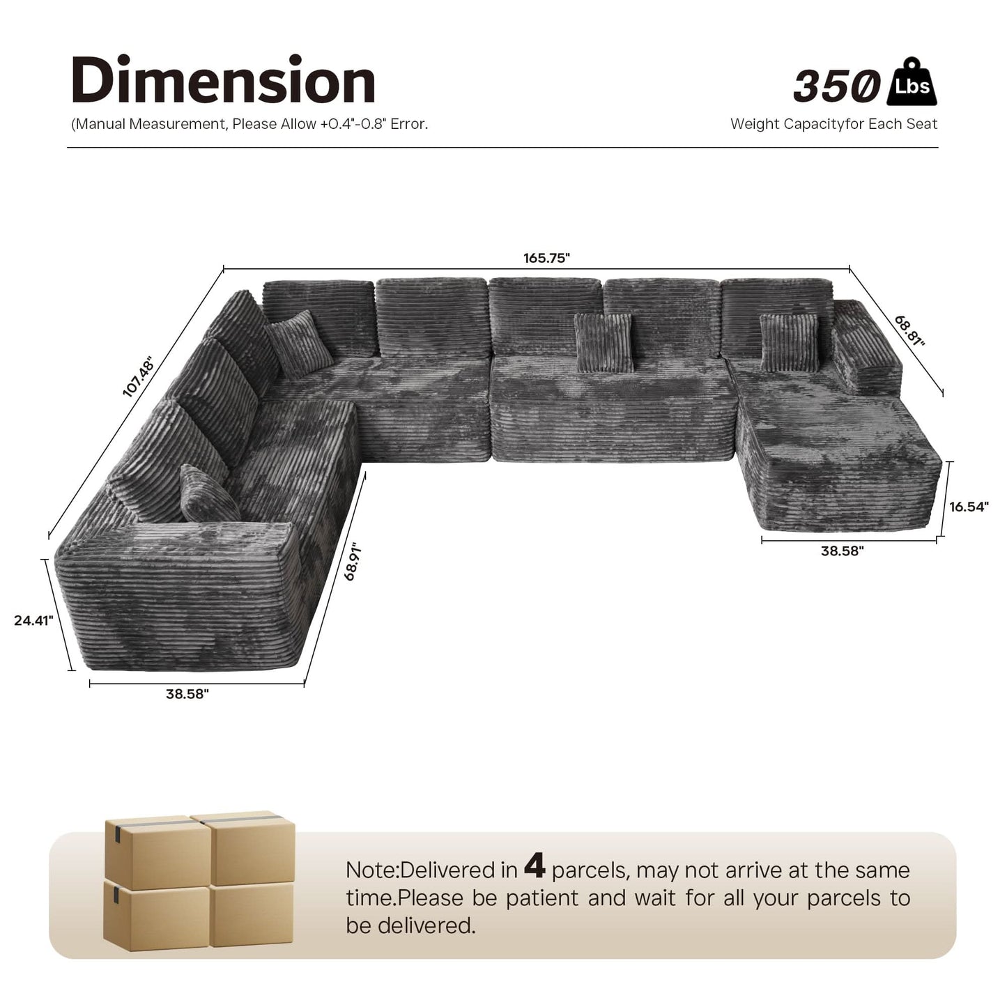 OVIOS Modular Sectional Cloud Couch, Plush Corduroy Sofa with Memory Foam, No Assembly