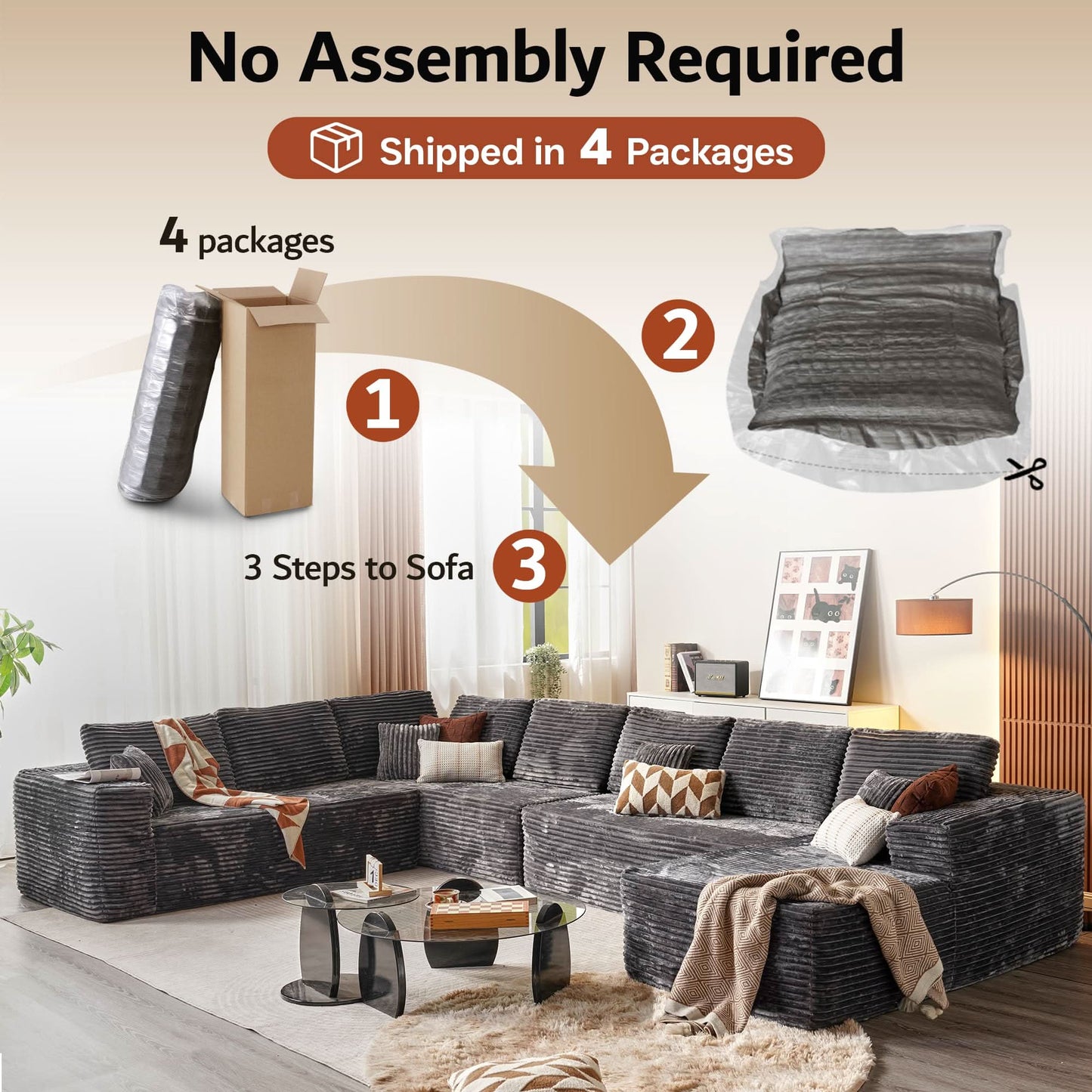 OVIOS Modular Sectional Cloud Couch, Plush Corduroy Sofa with Memory Foam, No Assembly