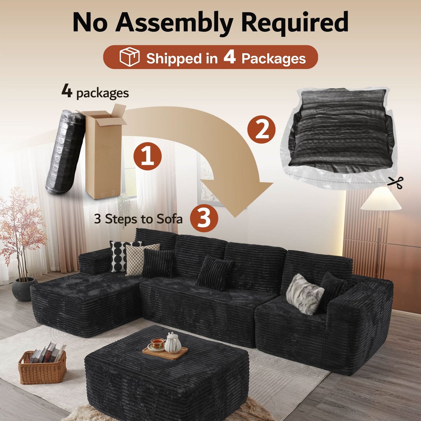 OVIOS Modular Sectional Cloud Couch, Plush Corduroy Sofa with Memory Foam, No Assembly