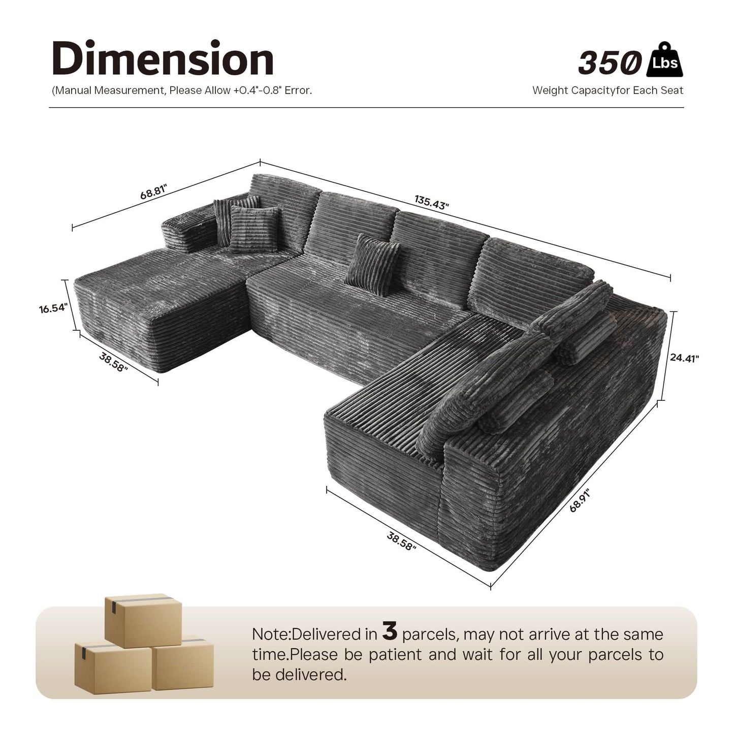 OVIOS Modular Sectional Cloud Couch, Plush Corduroy Sofa with Memory Foam, No Assembly