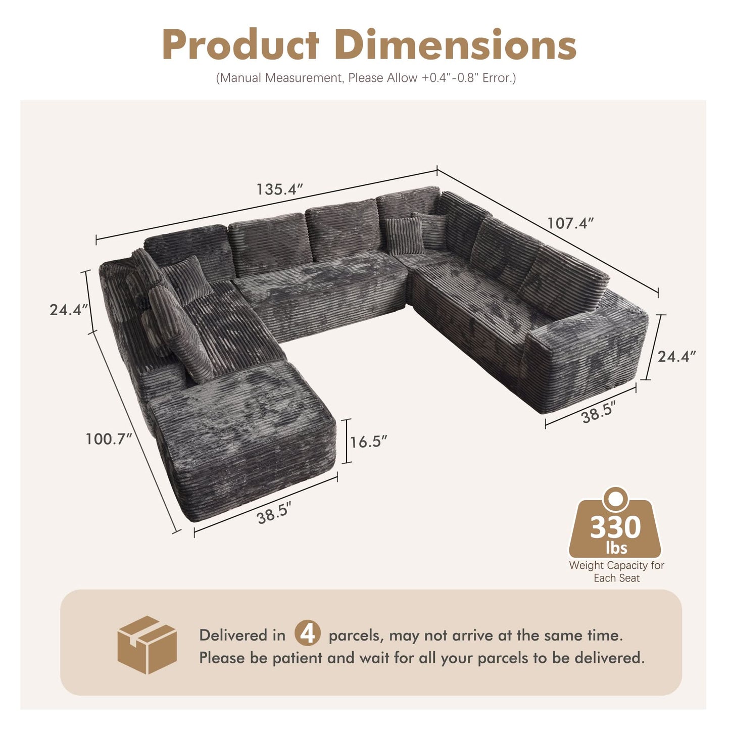 OVIOS Modular Sectional Cloud Couch, Plush Corduroy Sofa with Memory Foam, No Assembly