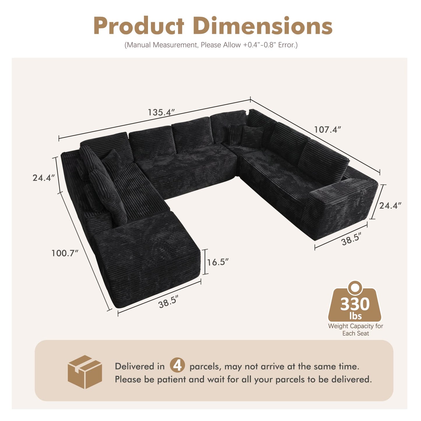OVIOS Modular Sectional Cloud Couch, Plush Corduroy Sofa with Memory Foam, No Assembly