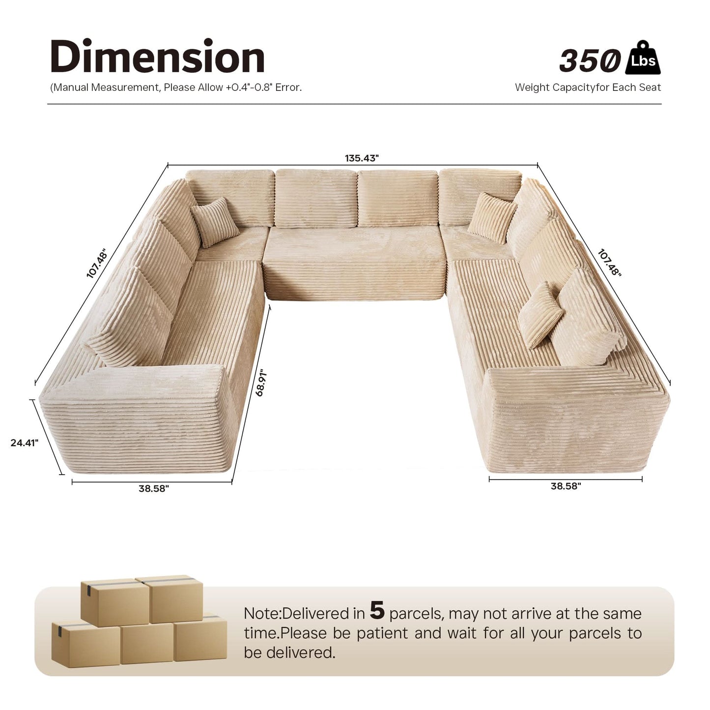 OVIOS Modular Sectional Cloud Couch, Plush Corduroy Sofa with Memory Foam, No Assembly